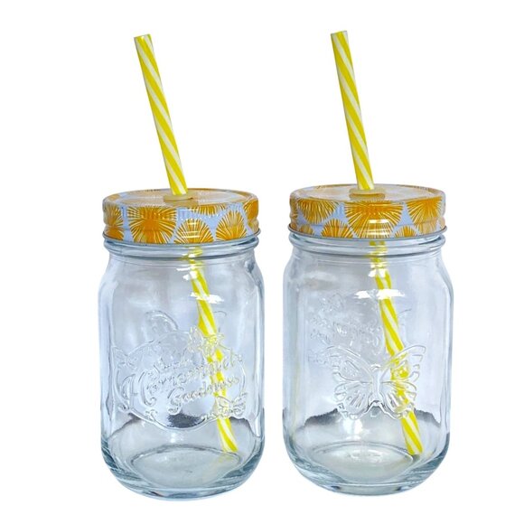 Lemonade Glasses Set Of 2 With Yellow Floral Screw-On Lids Reusable Straws 16 Oz - Picture 1 of 7